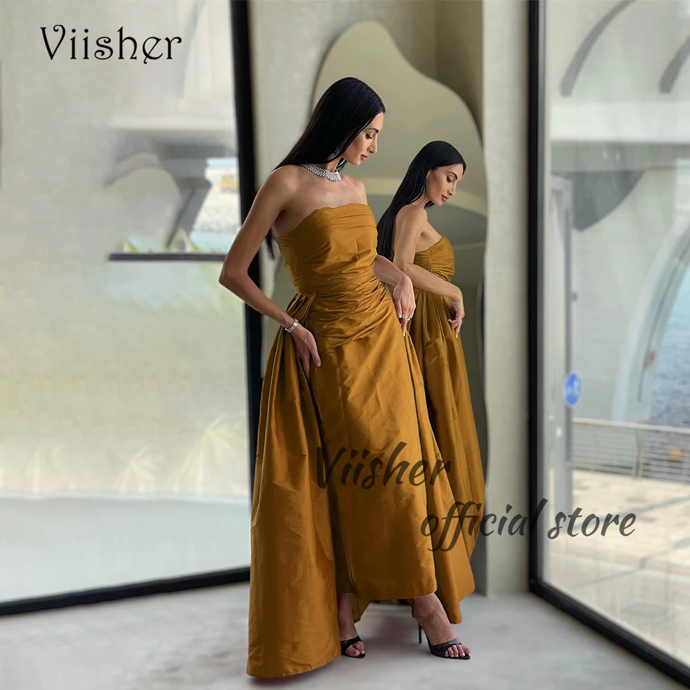 

Viisher Orange Taffeta Mermaid Evening Dresses for Women Strapless Arabian Dubai Prom Party Dress with Train Floor Length