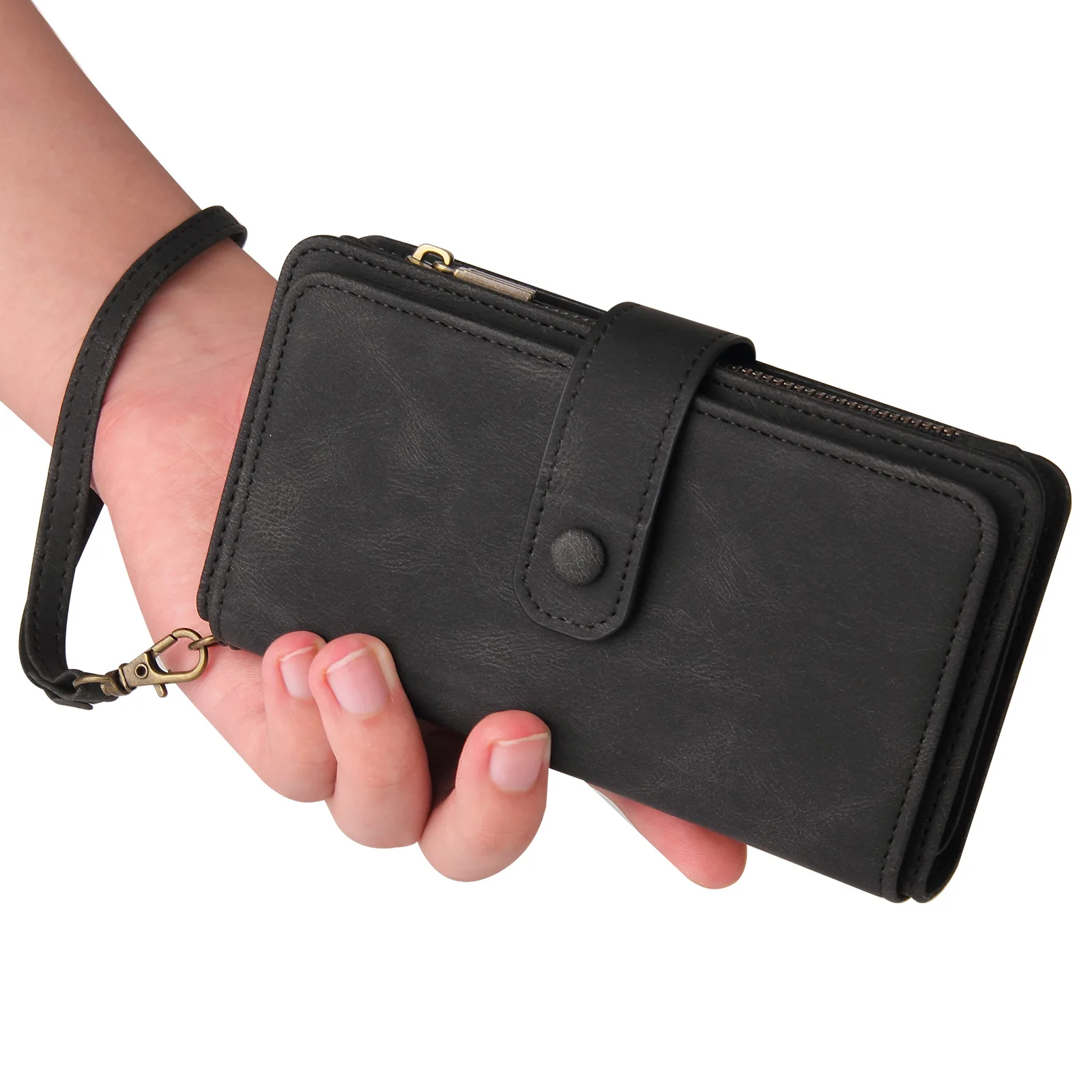 Luxury Leather Multi-Card Zipper Wallet with Lanyard Wristlet