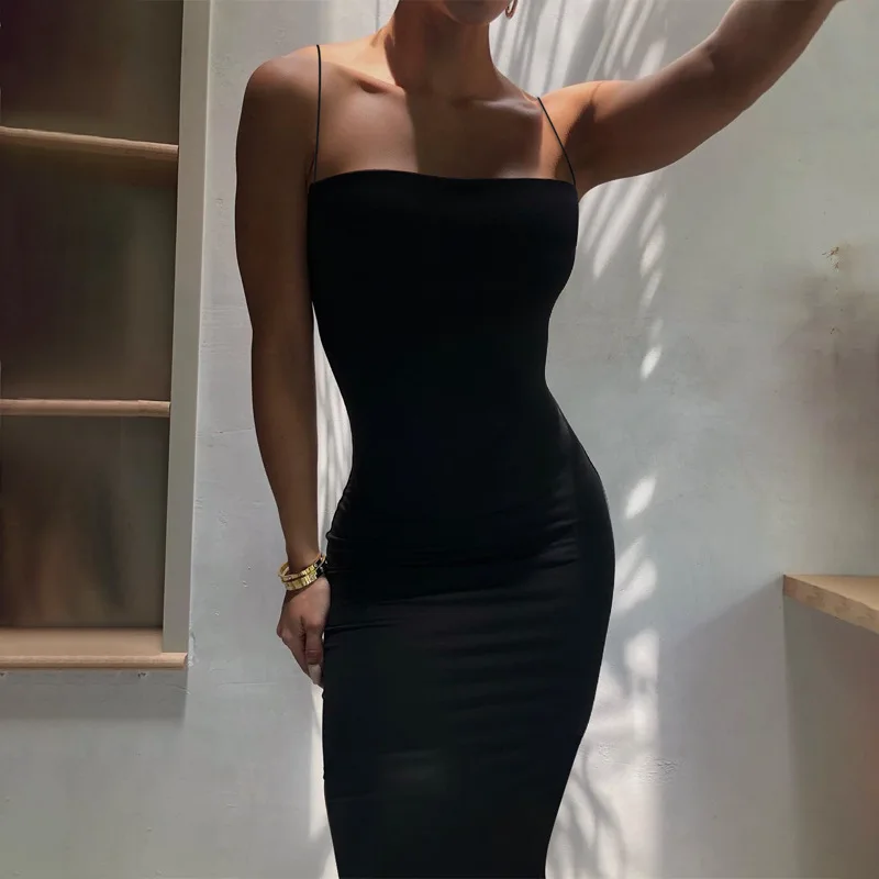 Nsangu 2024 Autumn Winter Women Solid White Black Strap Midi Dress Bodycon Sexy Streetwear Party Club Elegant Fashion Clothes 3