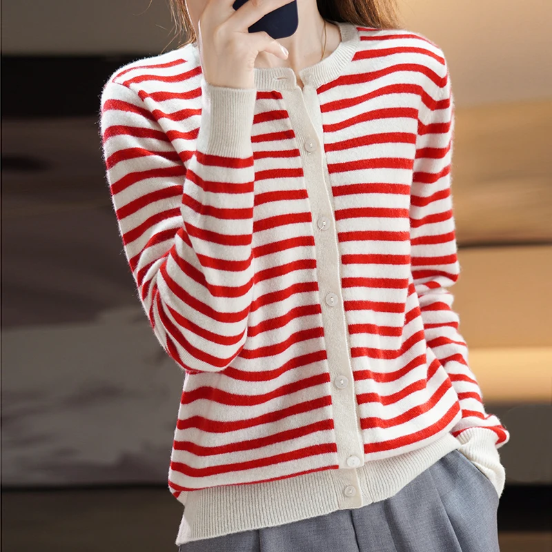

Cashmere Sweater Ladies Round Neck Striped 2022 New Autumn/Winter 100% Pure Wool Knit Cardigan Fashion Warm All-match Top