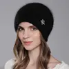 CNTANG Hat For Women Winter Warm Fashion With Diamond Flower Beanies Knitted Angora Long Rabbit Fur Hats Double Layer Ladies Cap 1