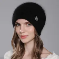 CNTANG Hat For Women Winter Warm Fashion With Diamond Flower Beanies Knitted Angora Long Rabbit Fur Hats Double Layer Ladies Cap 1
