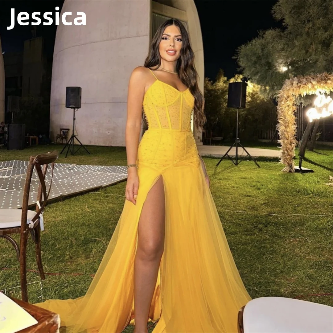 

Jessica Yellow Prom Dresses Tulle Evening Dress Elegant Women's robe Formal Occasions Party Dressesفساتين السهرة2024