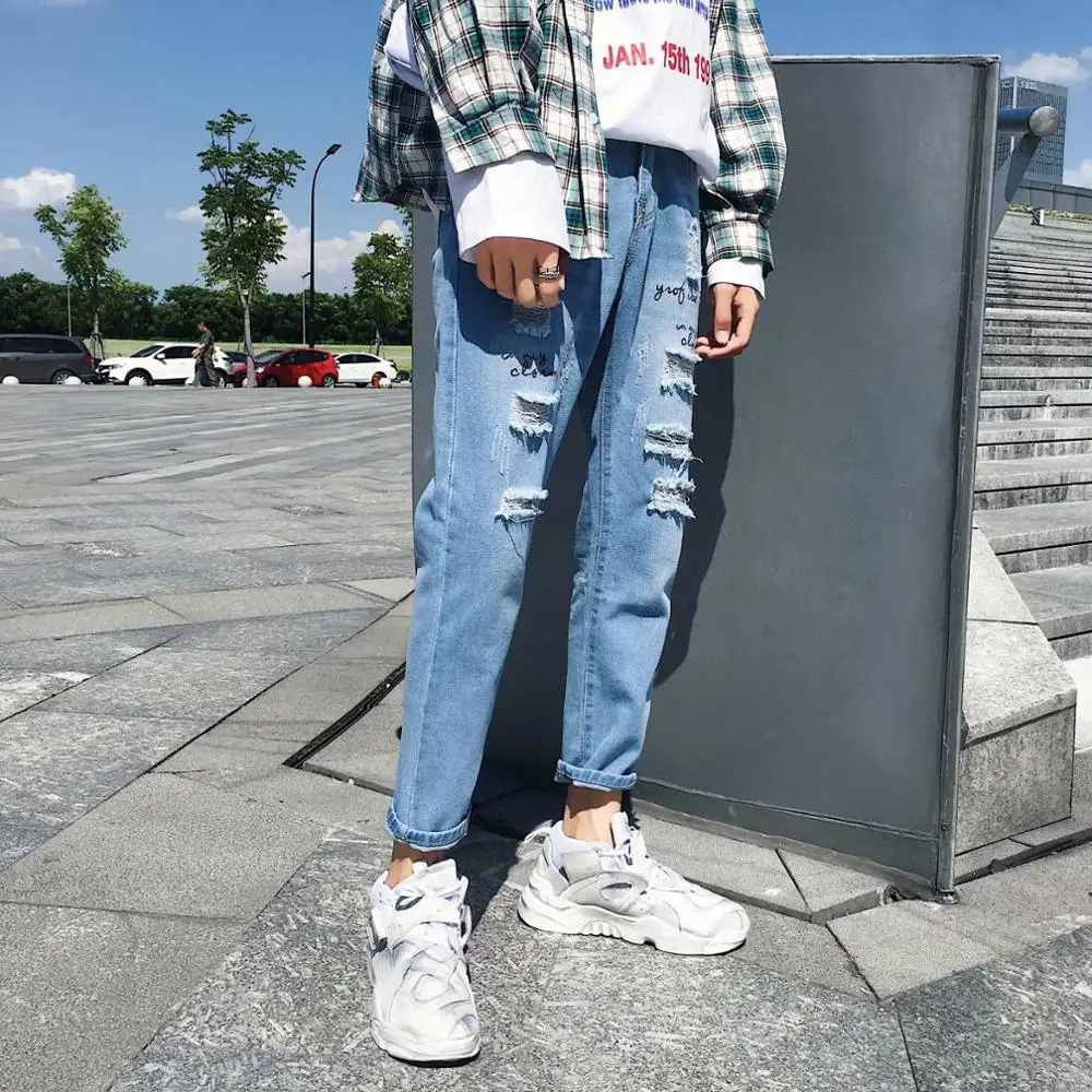 

Wholesale 2022 Autumn Winter Men's Ripped Hole Distressed Jeans Hombre Streetwear Hip Hop Slim Feet Teenagers Pencil Pants Men