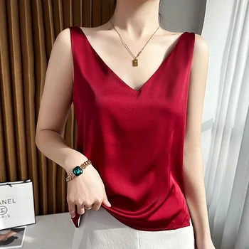 Silk Satin Women Double Shoulder Camisole Tank Top V-neck Sleeveless Top T-shirt Elegant Crop Top Solid Casual Basic 2025 Summer 1