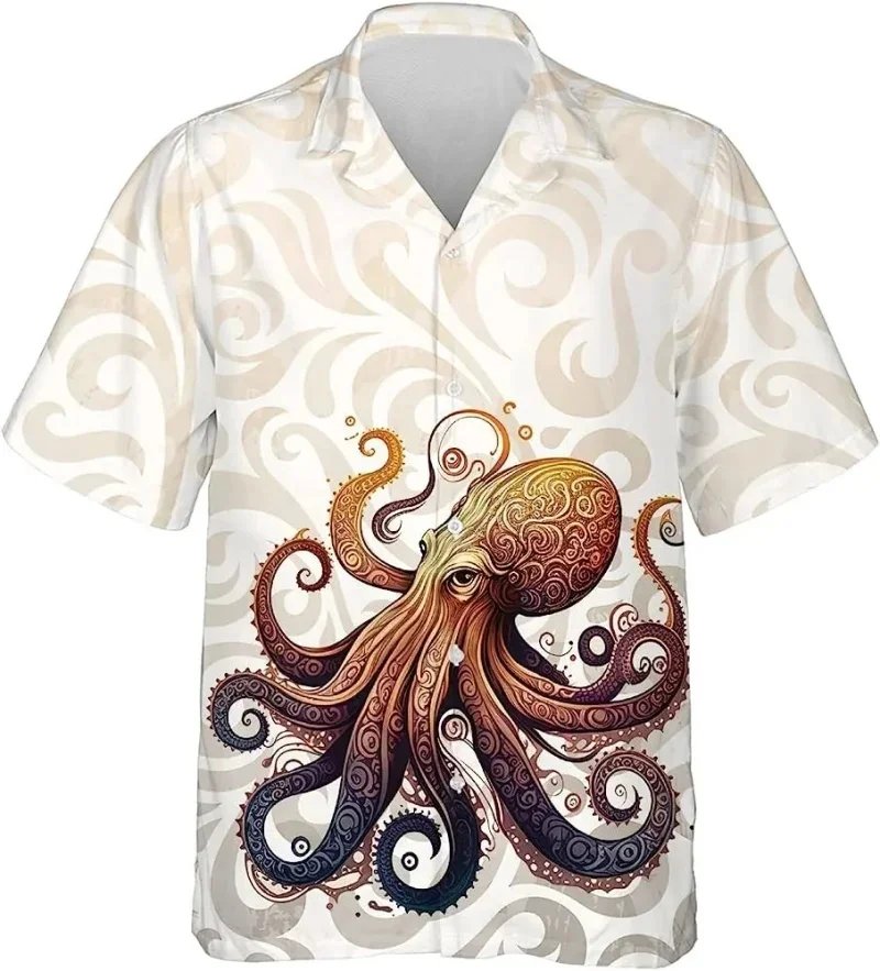 thumbnail image 1 of Camisa de verano para hombre con estampado 3D de pulpo y animales marinos, manga corta, botones de solapa, camisas personalizadas para viajar al trabajo, estilo hawaiano, 1 of 5