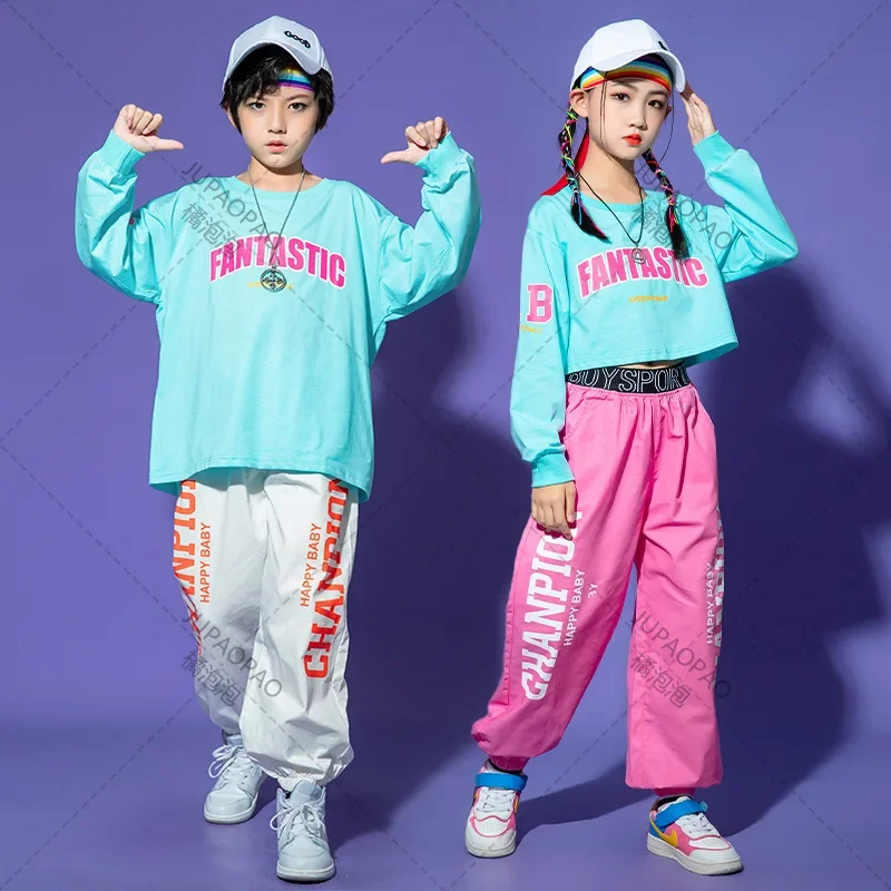 

Hip Hop Girls Multicolor Crop Top Street Dance Pants Boys Solid Sweatshirt Joggers Child Streetwear Clothes Set Kid Jazz Costume
