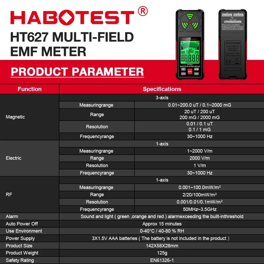HT627 EMF Meter 3in1 Portable Electromagnetic Field Radiation Detector Suitable for Home, Office EMF Inspections EF/RF/MF Signal