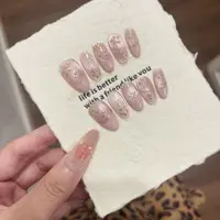 10Pcs Retro Handmade Press on Nails Full Cover Pink Cat Eye French Gold Florals Shiny Nail Fashion Medium Almond Fake Nail Tools