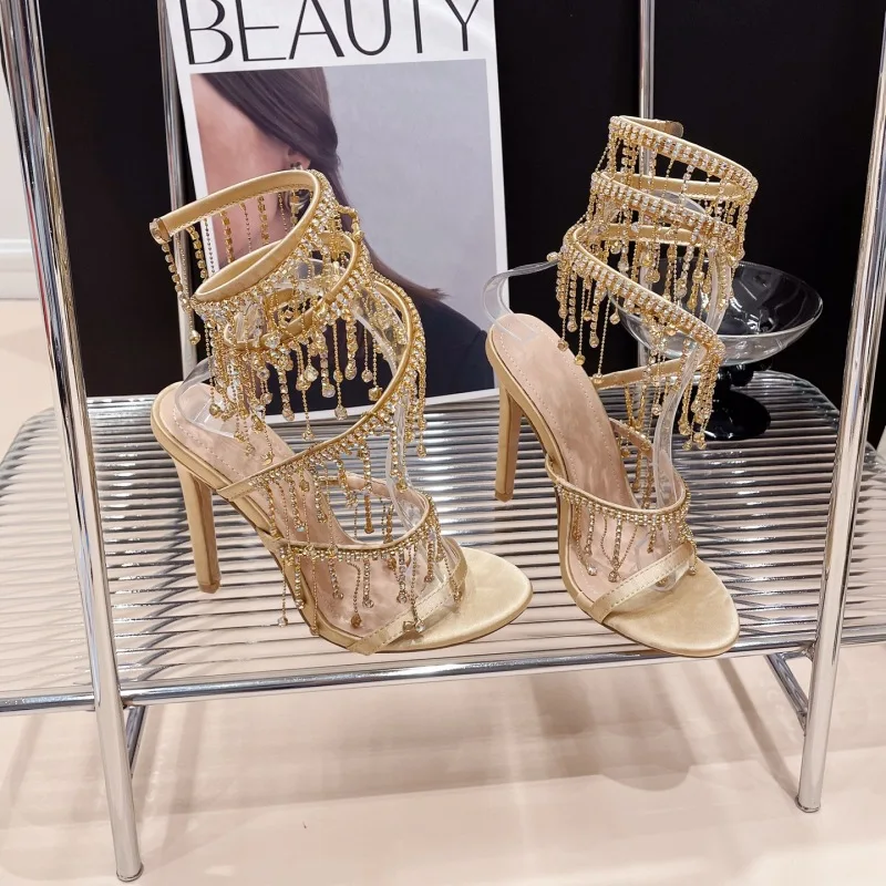 

New Summer Women's High-heeled Sandals, Sexy Rhinestone Tassels Around the Feet, Roman Style Stiletto Sandals, Banquet Shoes