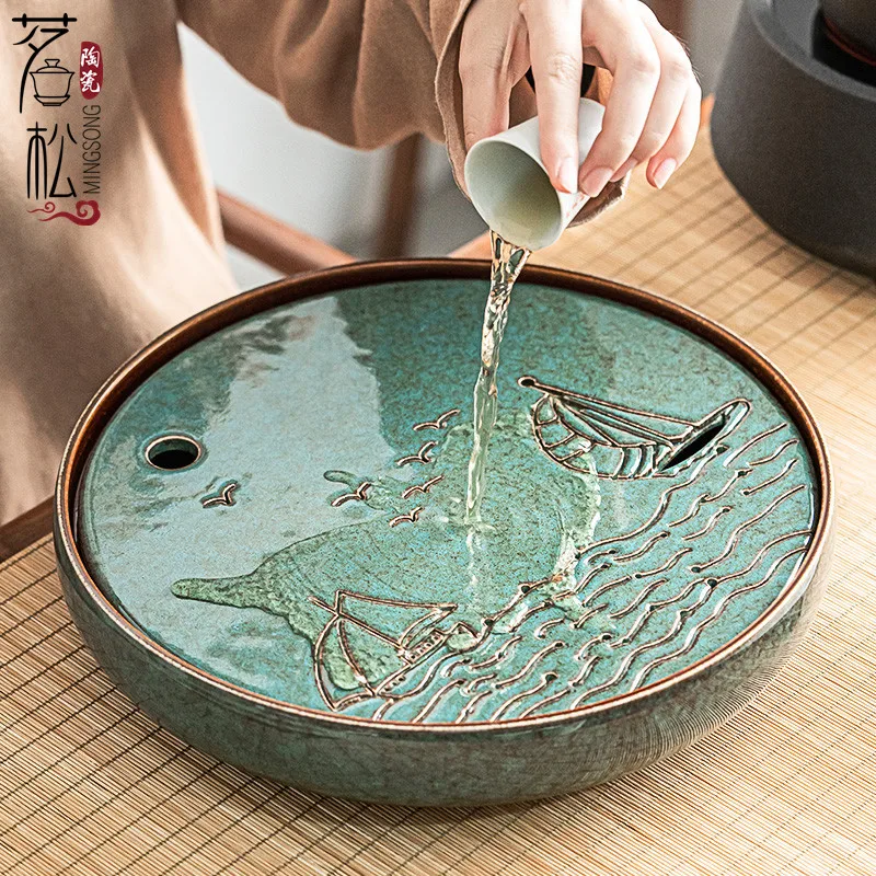 

Japanese-Style Tea Tray Large Dry Bubble Tray Tea Table Household All-Ceramic Simple Water Storage Tray Round Office Saucer Tea