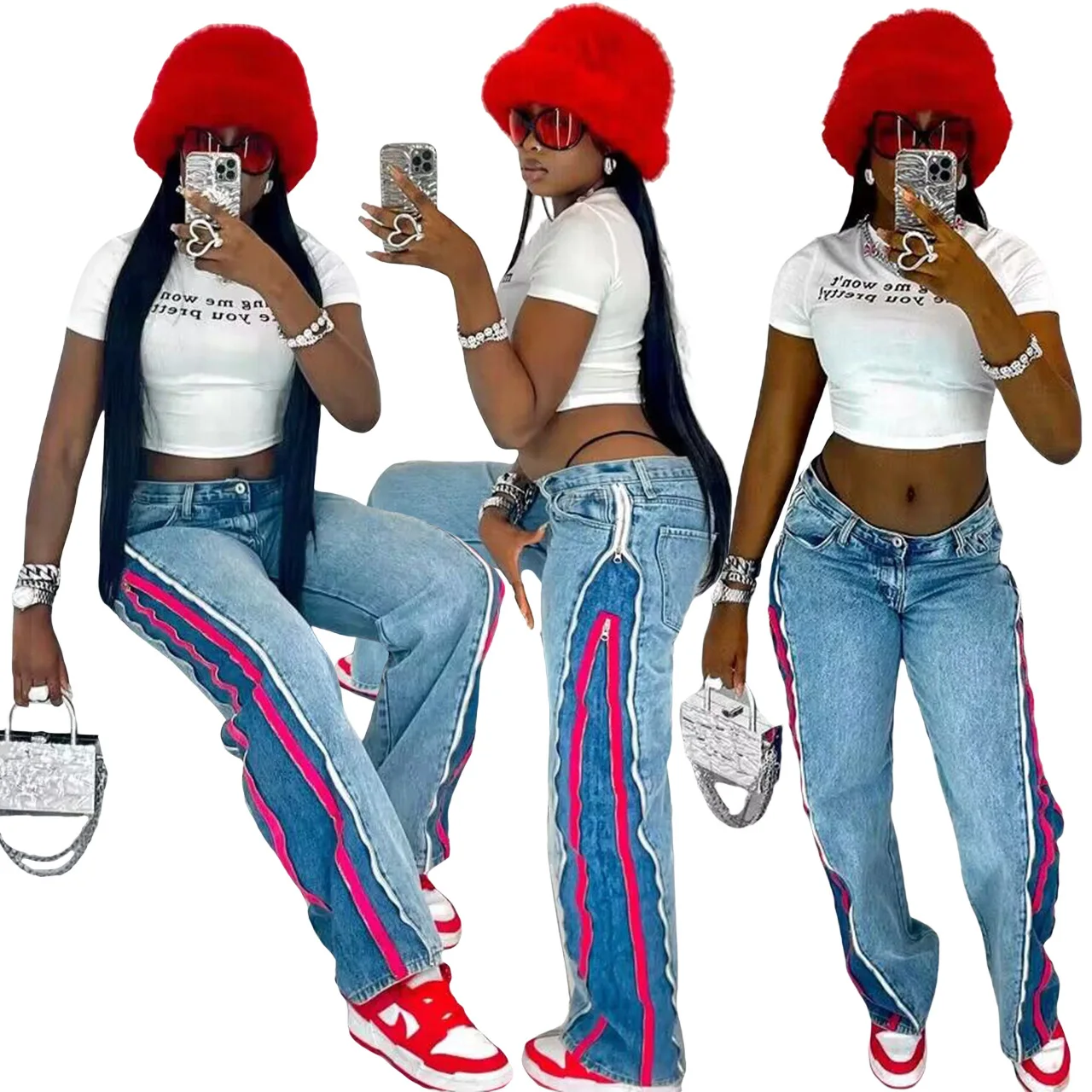 

Harajuku Fashion Straight Pants Side Zipped High Street Streetwear Denim Jeans Print Pockets Blue Trousers Women Retro Pants