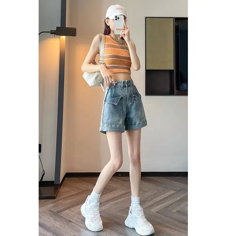 Denim Shorts Rolled Pocket Design Loose Wide Leg Women'S 2024 Summer Thin Versatile Slimming Side Elastic Waist Straight Pants