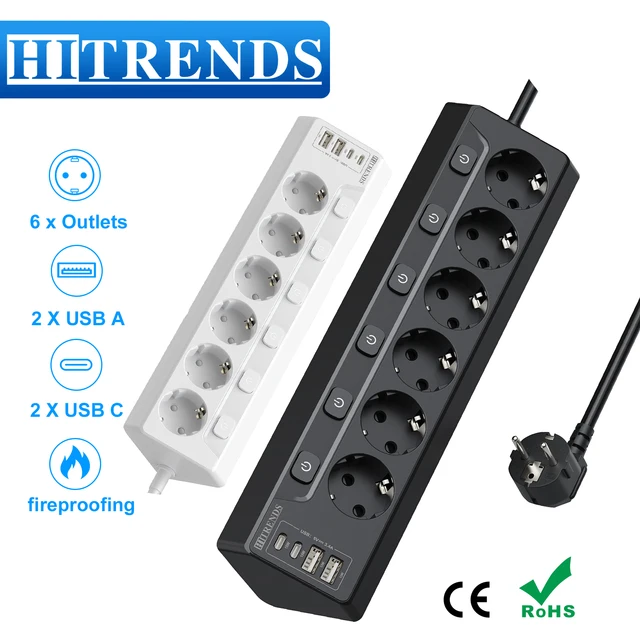 ปลั๊กพ่วงแบบยุโรป 6 ช่อง พร้อมช่องเสียบ USB 2 ช่อง และ Type C 2 ช่อง ปลั๊กมุมอเนกประสงค์ สายยาว 2 เมตร สำหรับใช้ในบ้าน 1