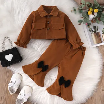 0-2-year-old newborn baby girls autumn and winter brown long-sleeved cardigan lapel jacket bow pants fashion suit 1
