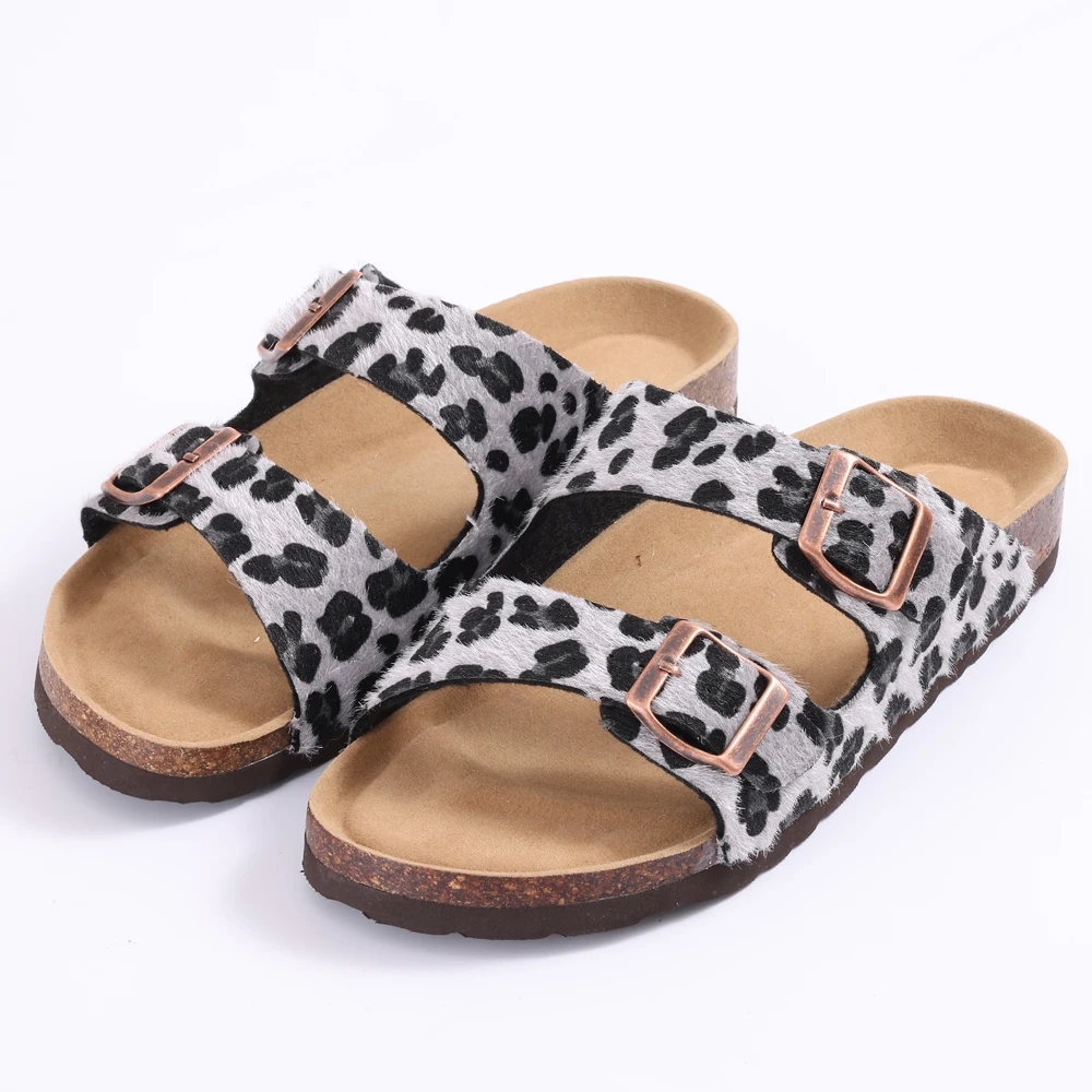 Comwarm Damen-Slide-Sandalen, lässige Plateau-Sandalen mit Korkfußbett, offene Zehen, Leoparden-Slides mit verstellbarer Schnalle, flache Sandalen – Detail 2