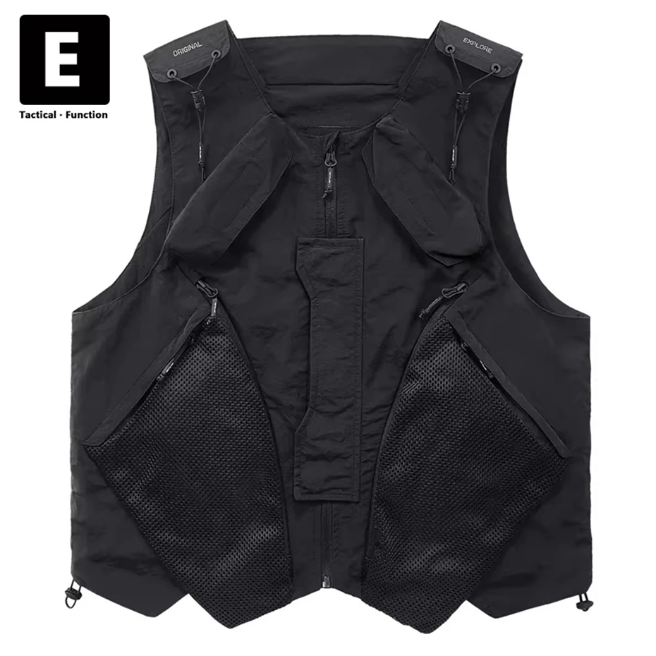 

Techwear Men Black Cargo Vest Streetwear Sleeveless Jacket Male Multi-pocket Patchwork Vests