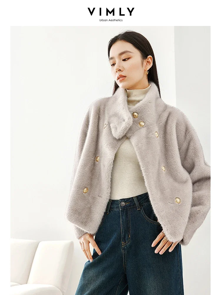 Vimly Gray Cropped Faux Fur Coat 2023 Winter Warm Stand Collar Fluffy Jacket Elegant Long Sleeve Overcoats Female Clothes 50761