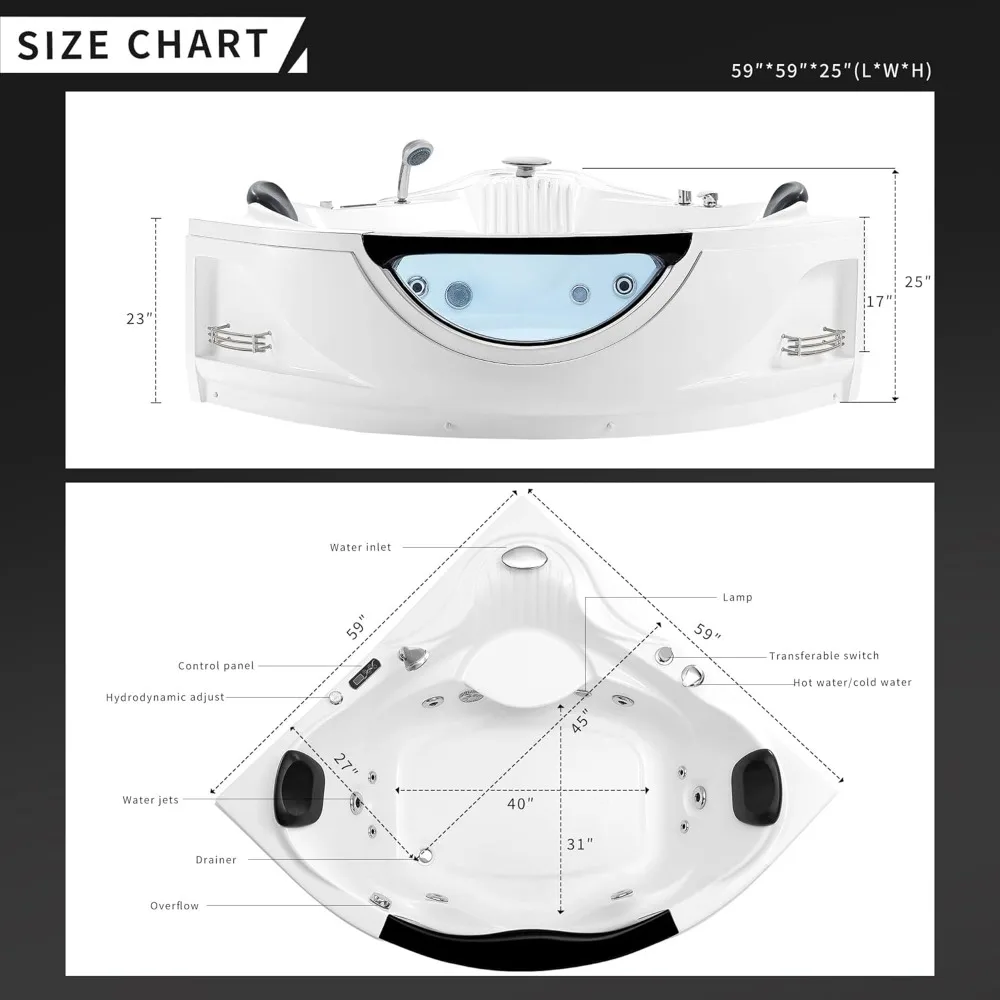 59" Corner Whirlpool Bathtub with Heater，Spa Hydromassage with Chromatherapy，2 Person Jetted Tub with Light，Acrylic，Bathtub 6
