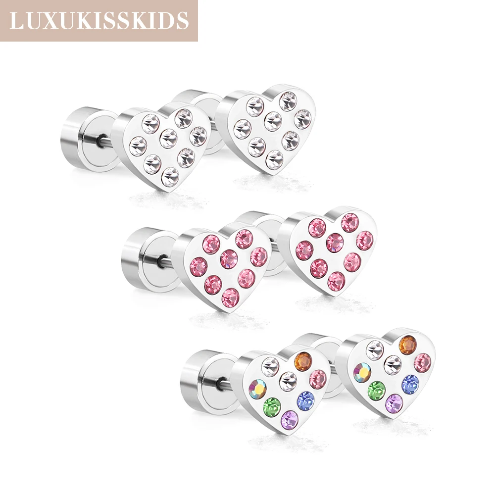 LUXUKISSKIDS 12Pairs/Lot Korean Fashion Cute Heart Earrings Pink For Woman Silver Color Kids Anti-allergy Trendy Jewelry On Ears