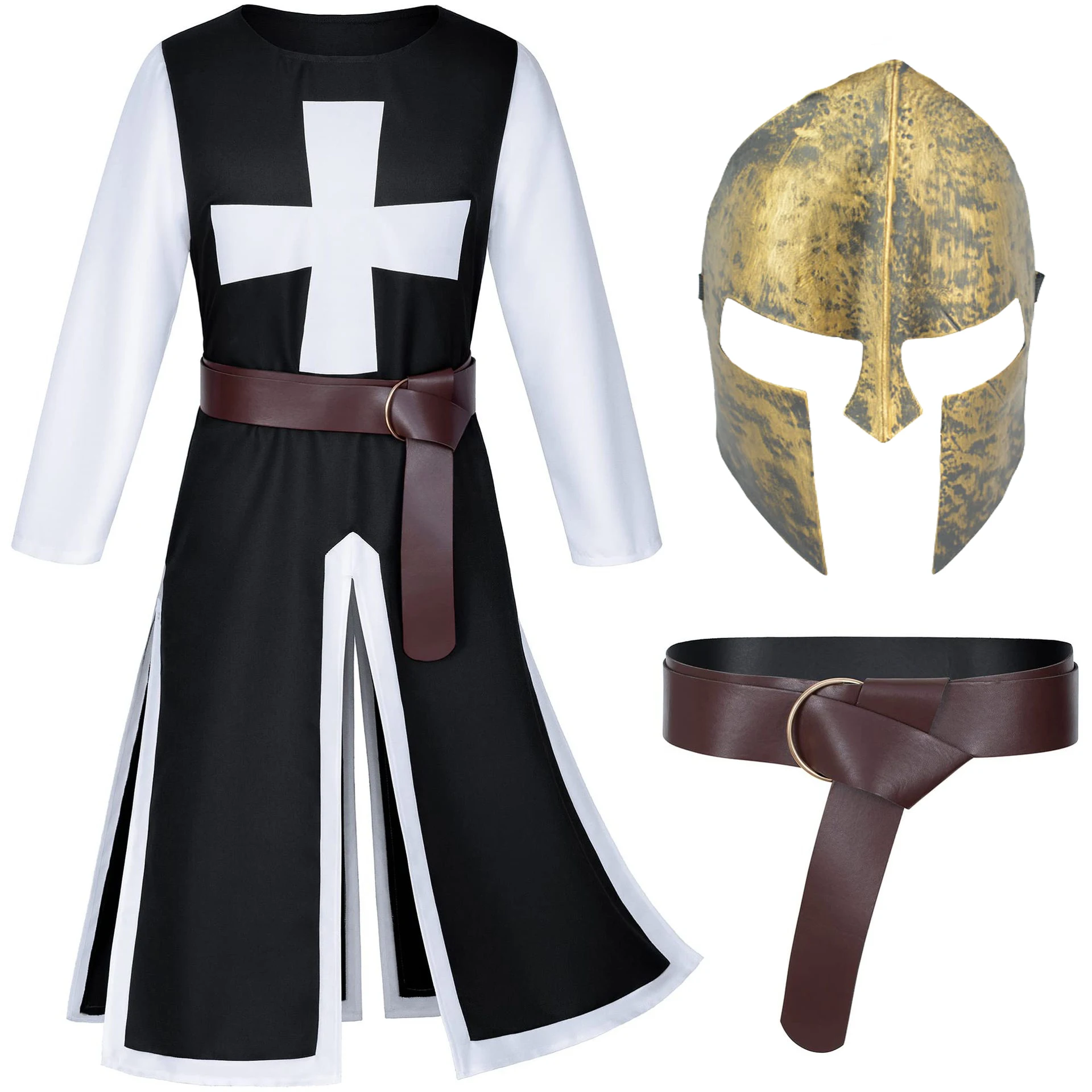 Túnica de cosplay medieval para hombre con cinturón de máscara, túnica de caballero templario cruzado, túnica de manga larga, disfraz de recreación histórica para Halloween