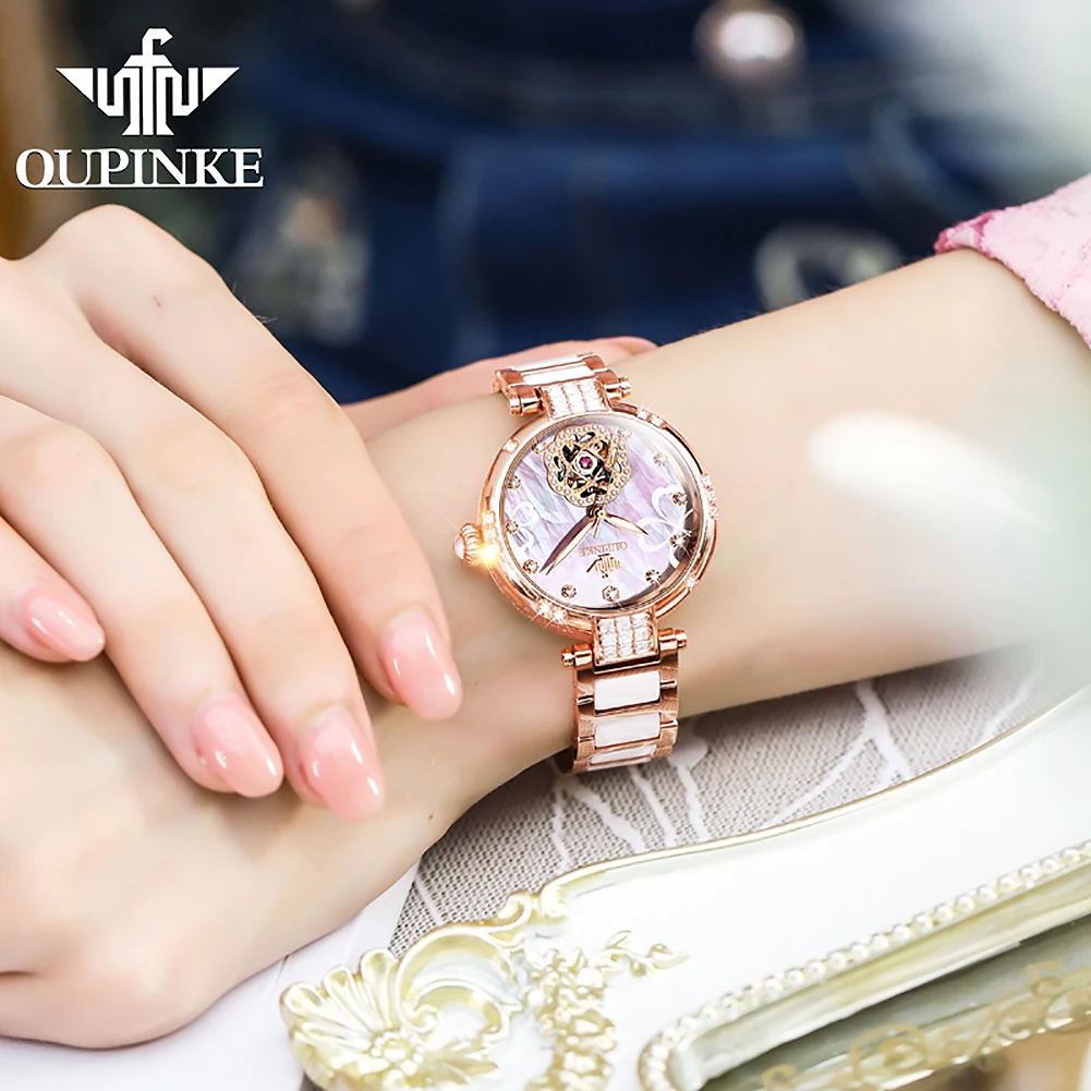 OUPINKE 3183 TOP Brand Women Watch Automatic Mechanical Elegant Ceramic Strap Diamond Waterproof Gift Box Watches for Women 3