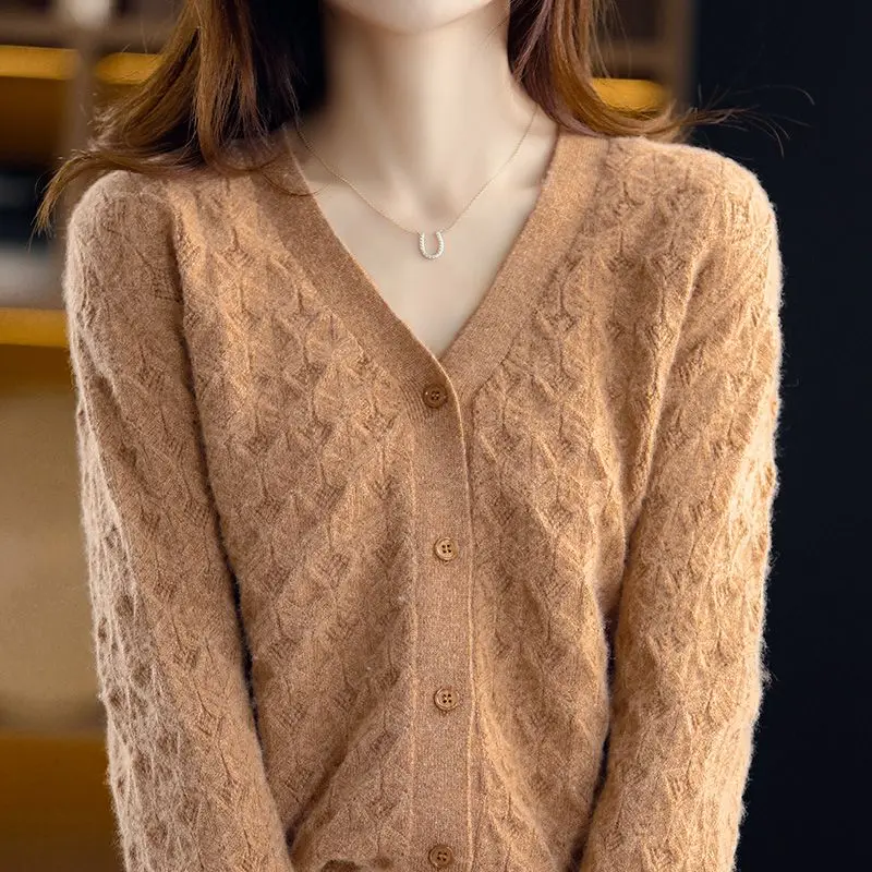 

V-Neck Knitted Cardigan for Female Simplicity Temperament Autumn Winter New Solid Color Casual Button Sweaters Women's Clothing