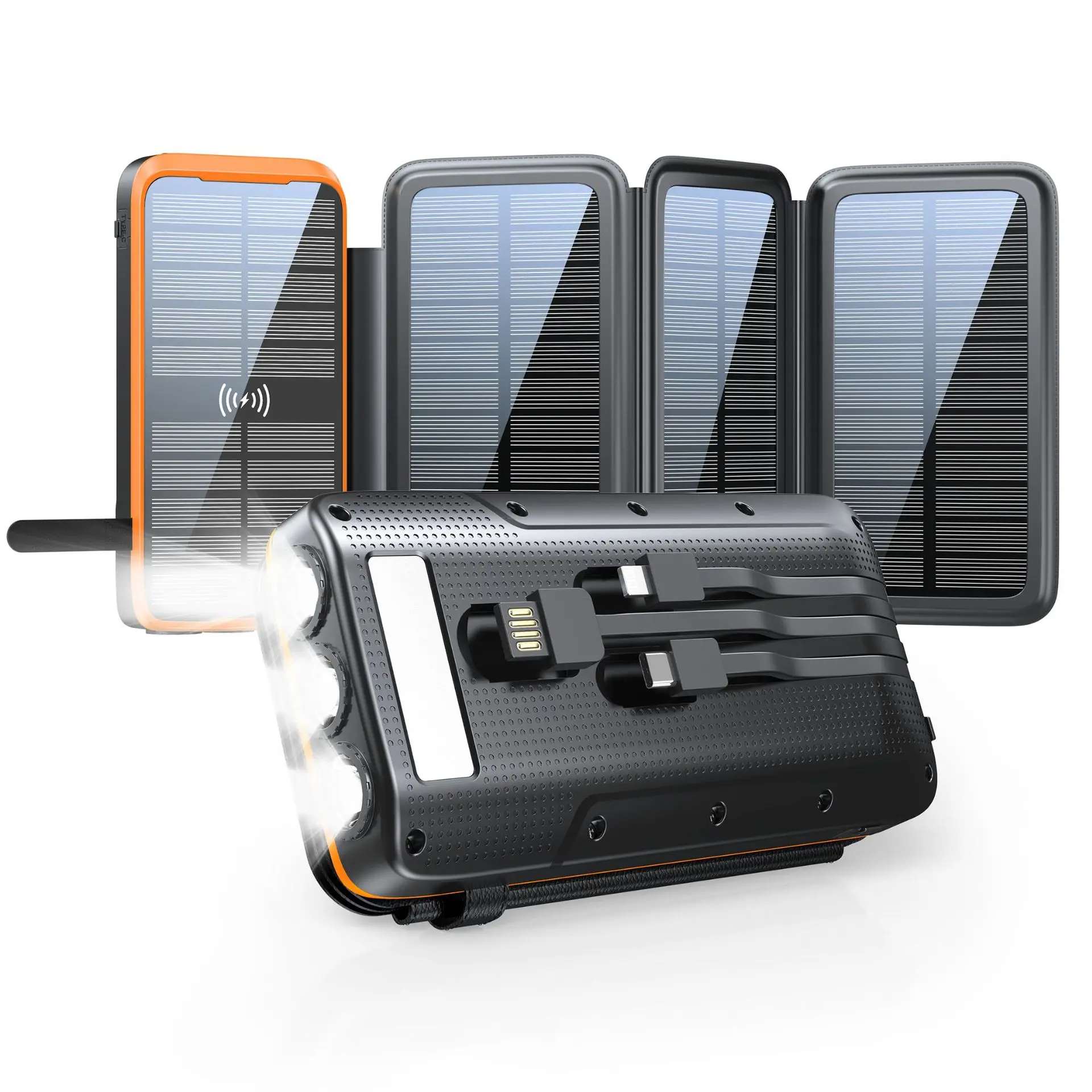 Solar Power Bank 43800mAh Built in 4 Cables 20W Fast Charging Battery Pack PD22.5W Fast Charging 10W