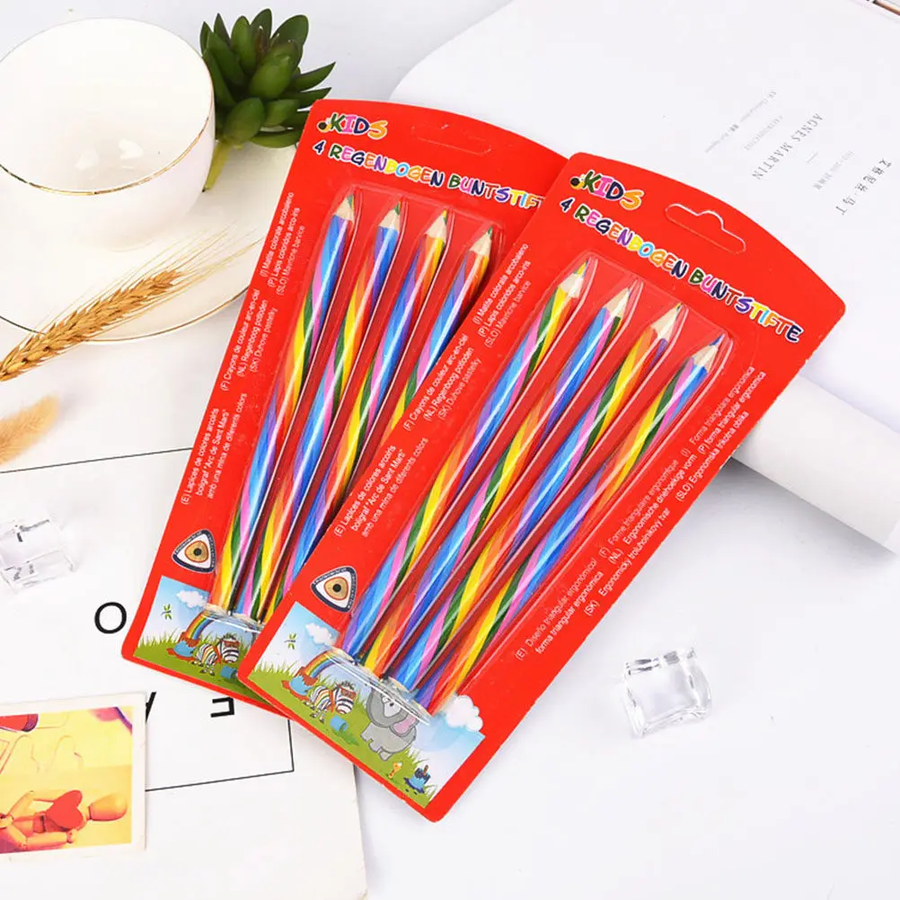 8pcs 레인보우 연필 4-In-1 색상 변경 그리기 연필 다양한 색상 나무 색연필 세트 학생 문구