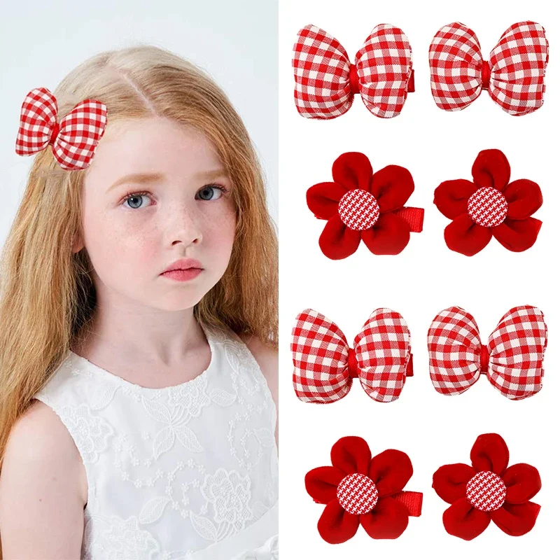 Oaoleer 4Pcs Cute Flannel Flower Hairpin for Children Girl Red Plaid Bowknote Hair Clip Barrettes Kids Headwear Hair Accessories plaid patchwork pocket flannel shirt l coffee