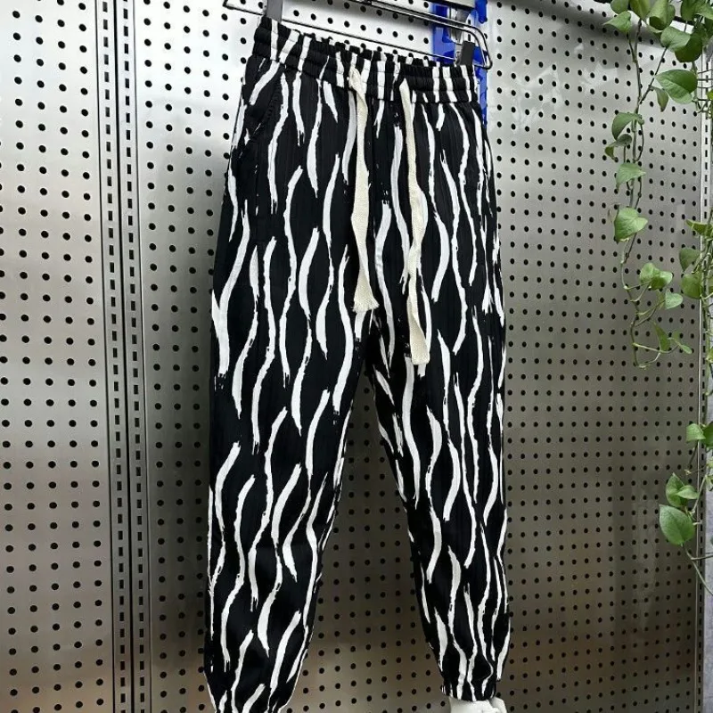Casual and Comfortable Boyfriend Summer 2024 Men's New Patchwork Elasticized Drawstring Printed Striped Versatile Harlan Pants