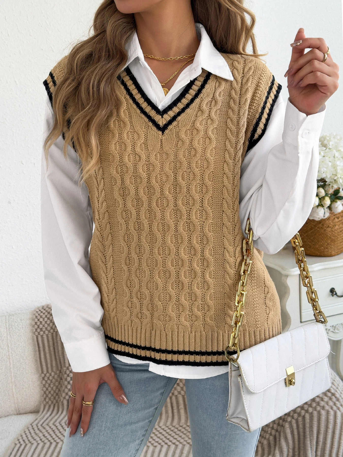 Women Color Block Striped Sweater Vest Autumn Winter