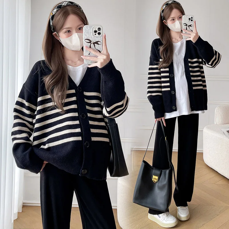 임산부 겨울옷 가디건 긴팔 두꺼운 면 플러스 사이즈 투피스 세트 (임신 후기용) 스트라이프 패턴
