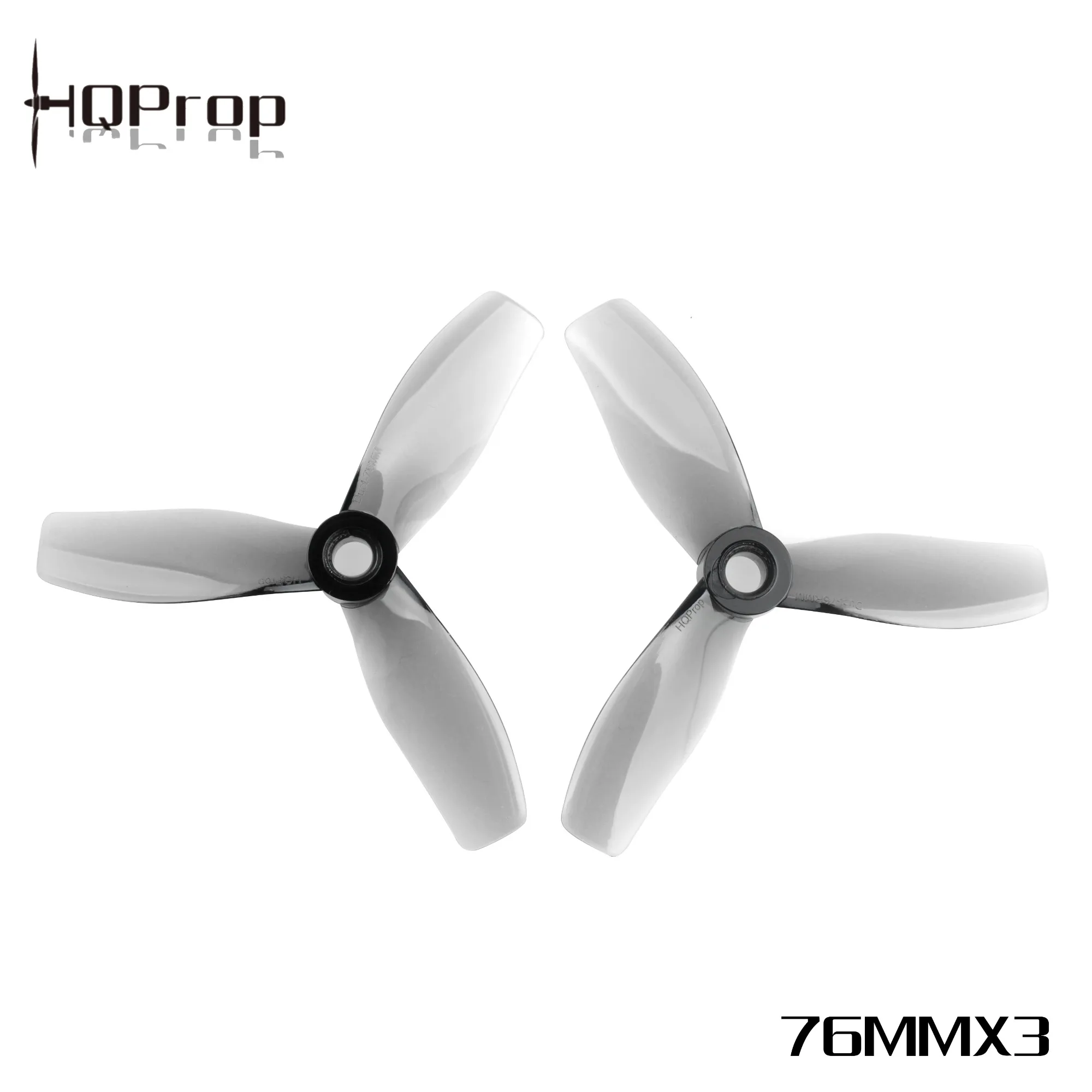 Hélice HQProp D76mm X3 Cinewhoop 3 pouces grise en polycarbonate, vue de côté avec le moyeu central.