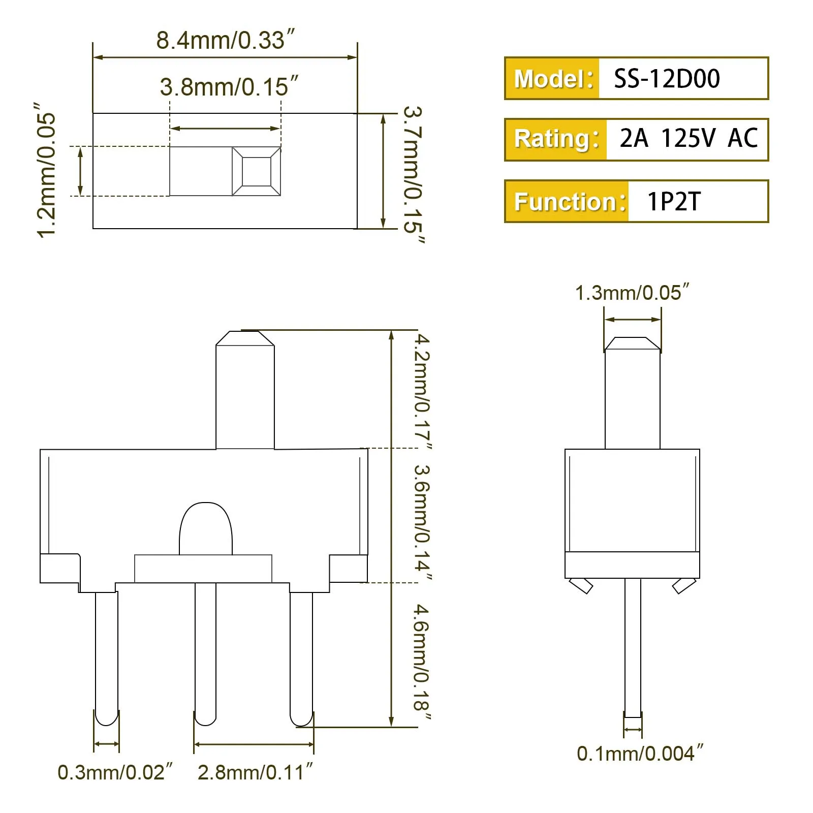 Mini Vertical Micro Slide Switch 100pcs 2 Position 3 Pin Terminal 1p2t SPDT On/Off Switches SS-12D00 For PCB Breadboard Electron keyboard mouse microswitch socket