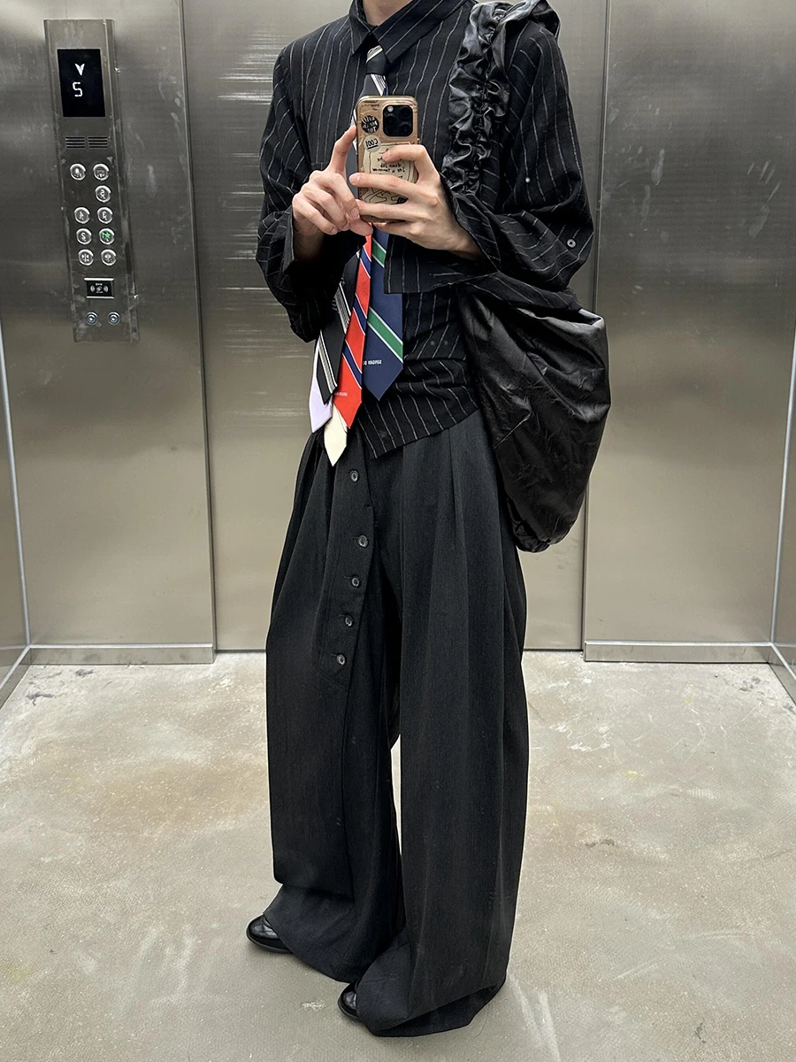 REDDACHiC Men Buttoned Pleated Front Suit Trousers Cleanfit Black Elastic Waist Wide Leg Dress Pants Office Work Casual Clothes