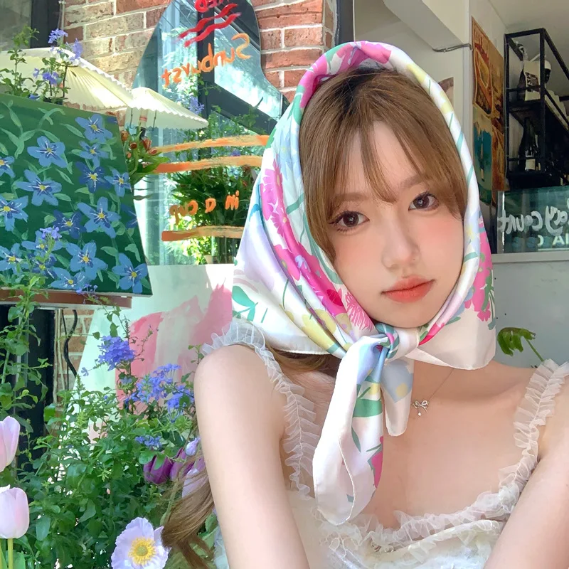 

Wrap Head Sun Protection French Small Square Scarf Silk Scarf Female Summer Beach Vacation Desert Headscarf Hair Band