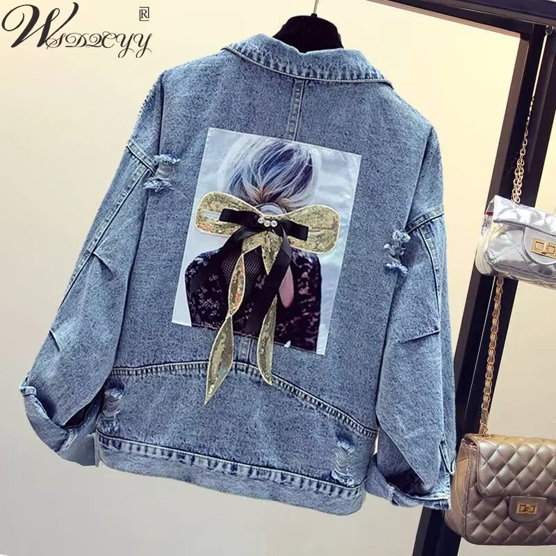 Street Fashion Cropped Jean Jacket Women Vintage Spring Autumn Long Sleeve Printed Denim Coat 2023 New Oversized Korean Outwear