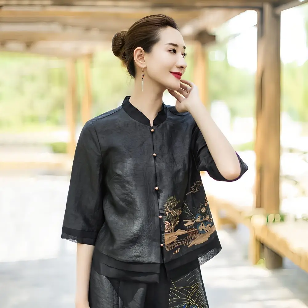 2024 nový Čínské styl bunda knoflík prodyšné černá košile ženy uhlazený polovina rukávy blůza móda tangsuits káča