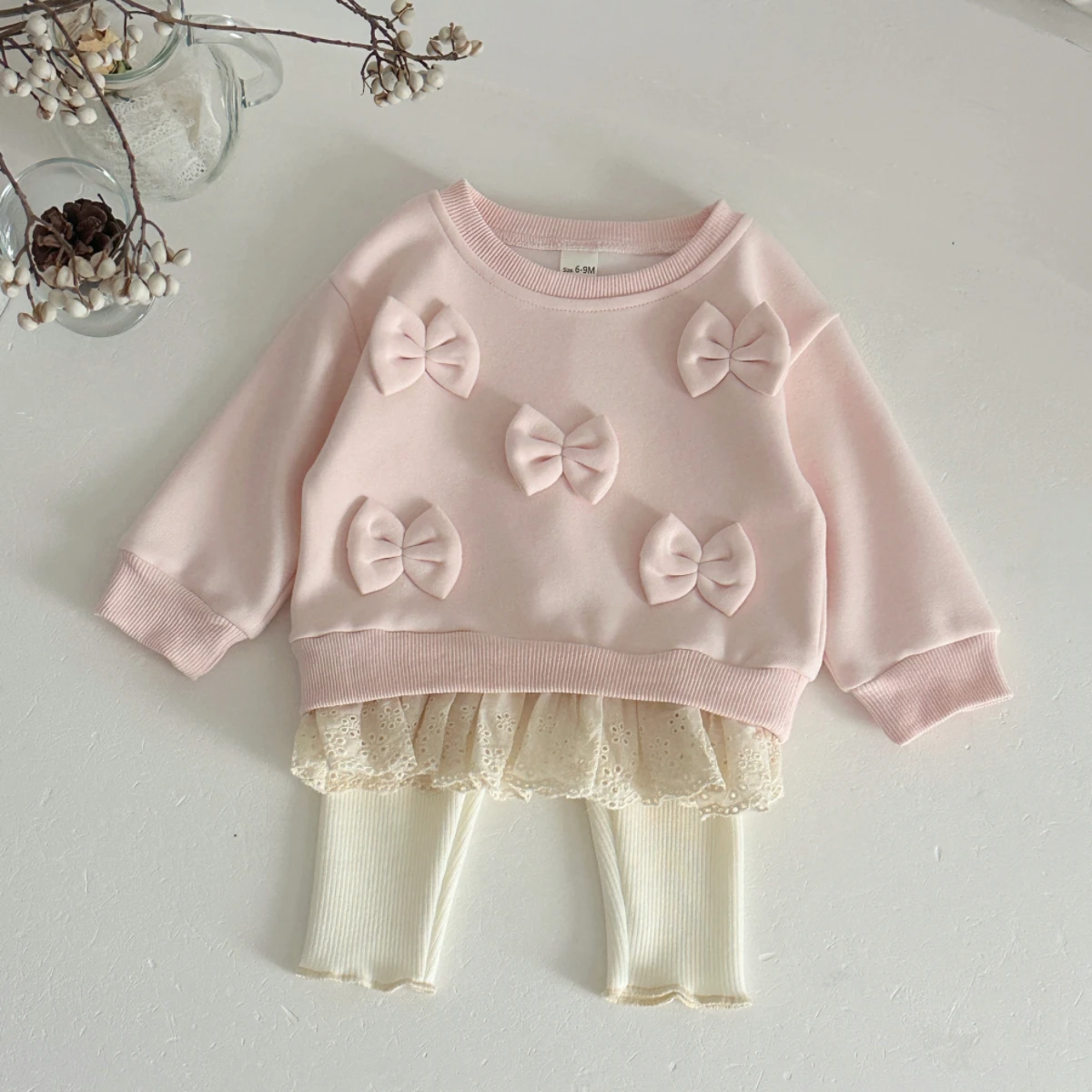 Cotton Baby Girl Clothing Bow Decoration Lace Hem Sweatshirt Elastic Waistband Pants Clothes Fall Outfits Baby Clothes for Newbo