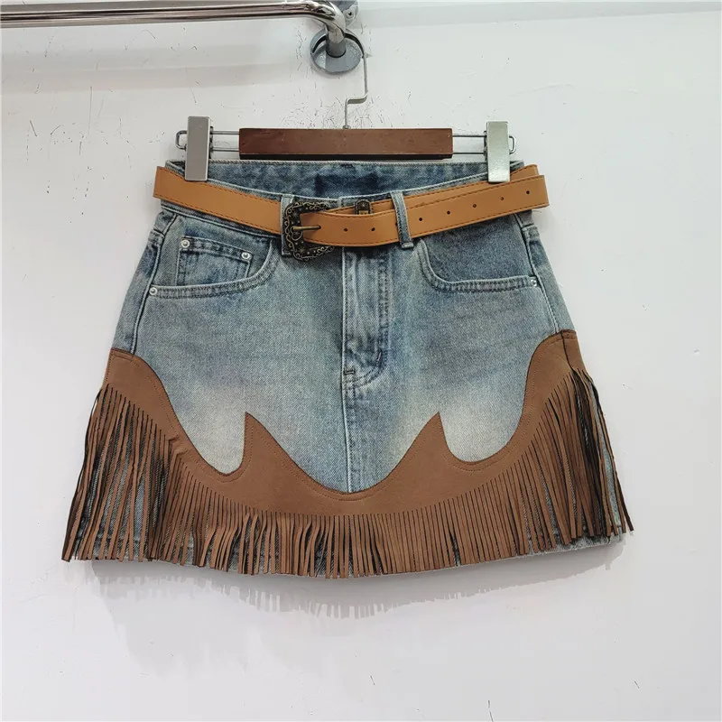 New Retro Blue Tassel Patchwork Denim Skirt Half Skirt Female Fashion Street Spicy Girl Wrap Hip A-Line Short Skirt For Women high street navy blue men suits groom wedding suit groomsmen tuxedos peaked lapel costumes homme 3piece jacket pants vest ternos