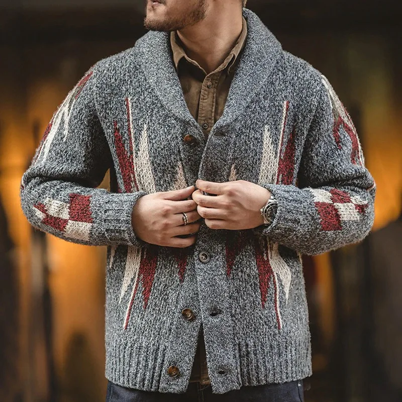 

New Men's Autumn and Winter Retro Striped Printed Button Pocket Sweater Lapel Thickened Cardigan Long-sleeved Sweater