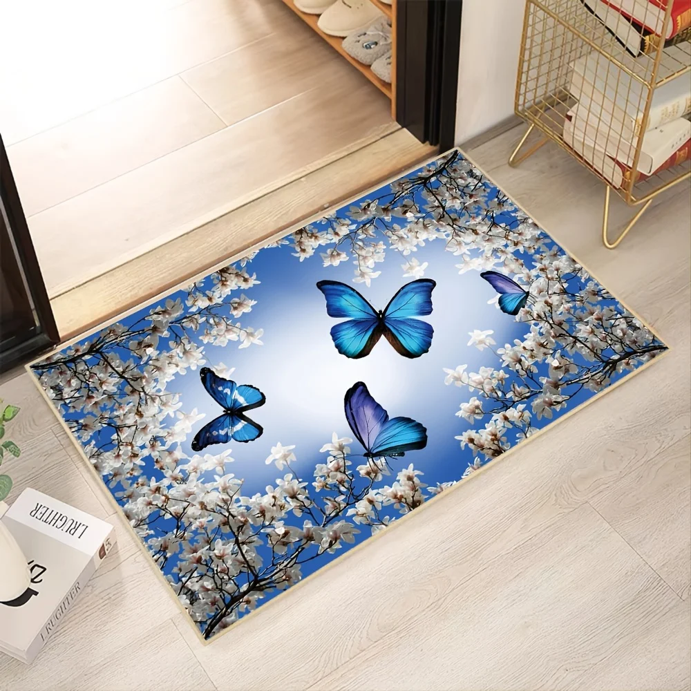 Blue Butterflies Floral Rug Non-Slip Washable Entryway Rugs Doormat Floor Carpet for Bedroom Bathroom Kitchen Entrance Decor