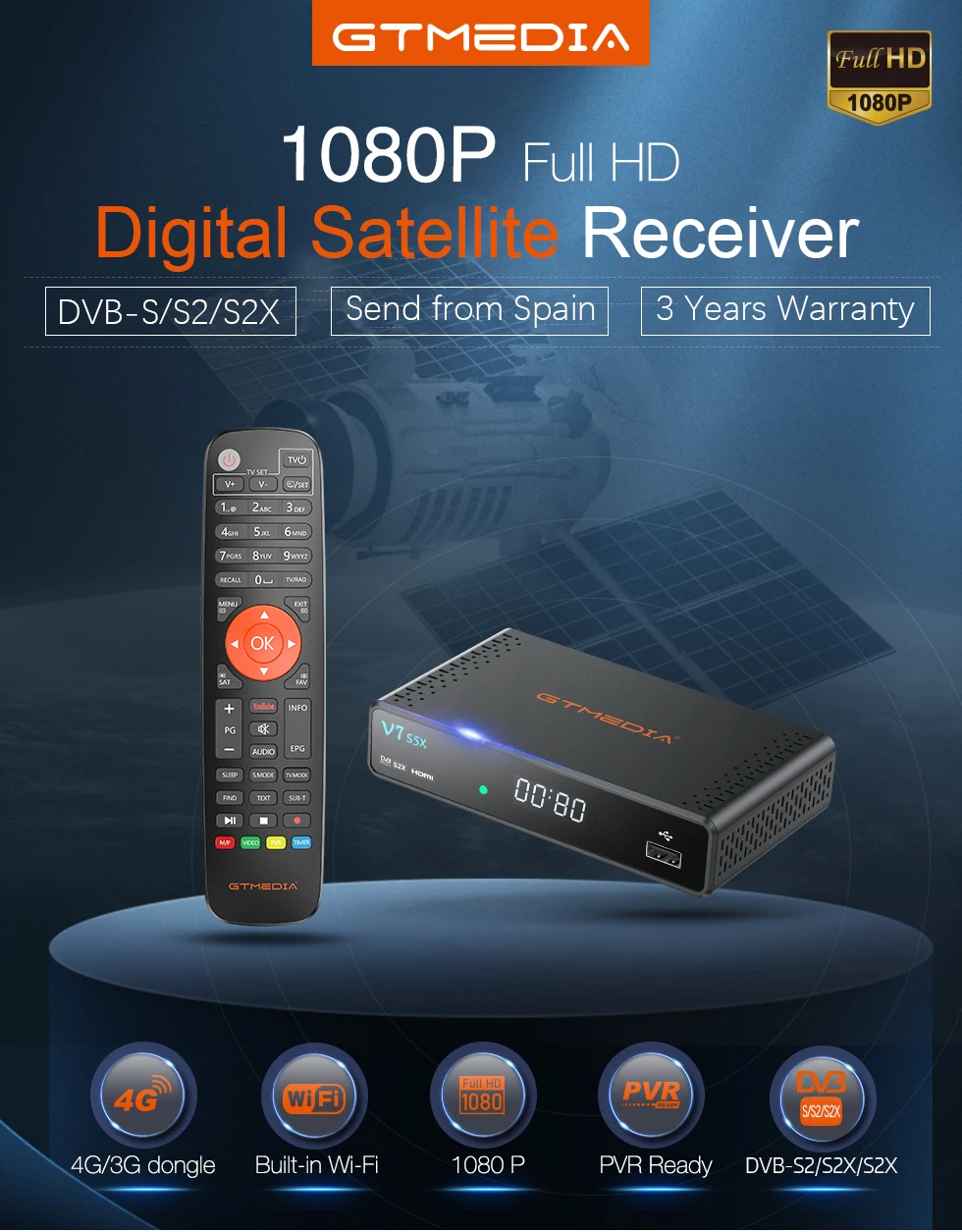 Original Gtmedia V7 S5X HD DVB-S2 satellite receiver 1080p full hd decoder with Usb wifi upgrade by gtmedia v7 hd from Spain box stream