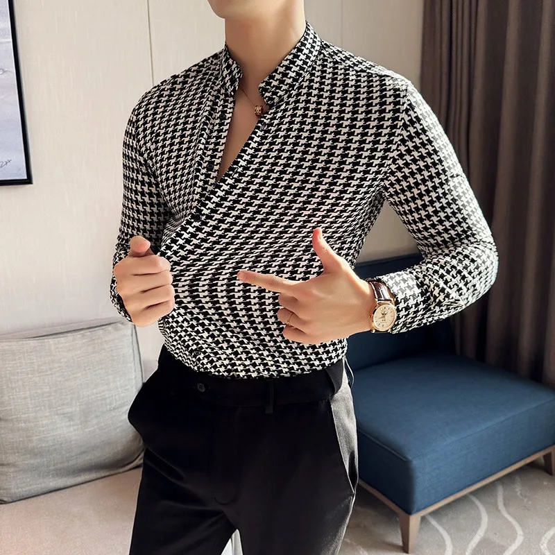 

High-quality Houndstooth Shirts for Men 2024 Spring High Elasticity Slim Casual Shirt Brand Men Clothing Social Party Streetwear