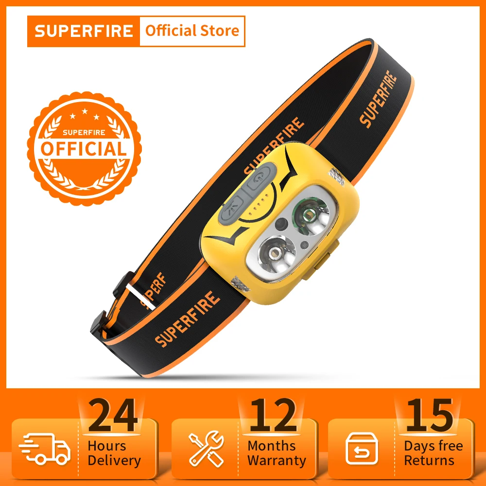 Superfire Hl05-S Potente Lampada Frontale A Led Luce Gialla/Bianca Lanterna Da Campeggio Sensore Di Movimento Lampada Frontale Con Regolazione Continu