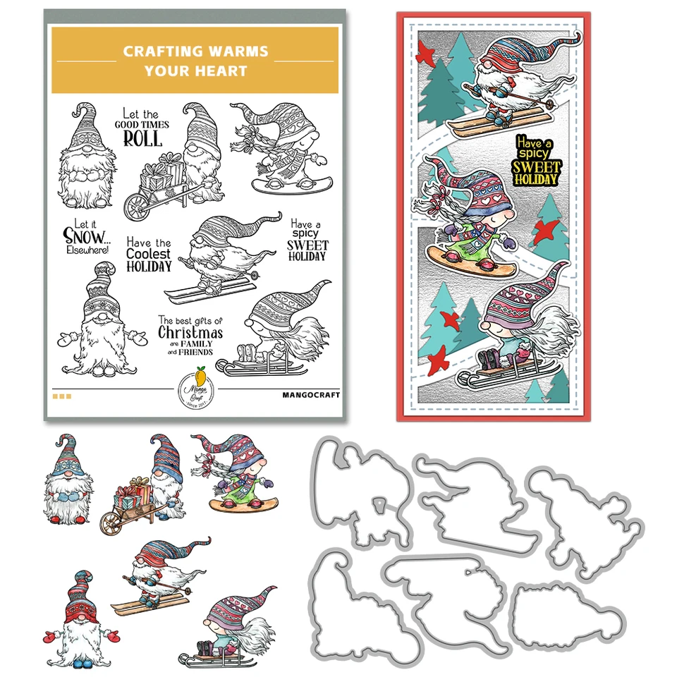 Mangocraft-Matrices De Découpe De Gnome De Ski De Noël Mignon, Tampon Transparent, Bricolage, Scrapbooking, Matrices Métalliques, Tampons En Silicone Pour Cartes, Décor De Noël