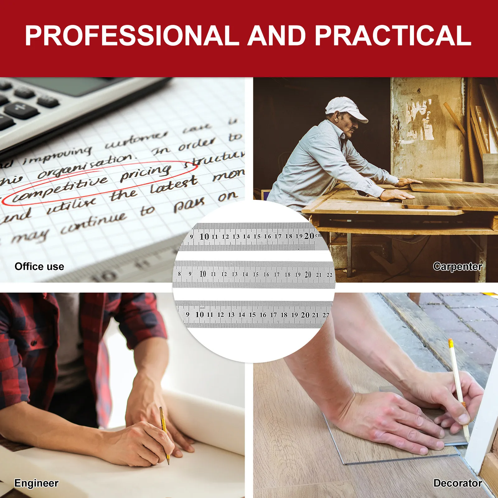 3Pcs 스테인레스 스틸 눈금자 학교 사무실 드로잉 엔지니어링을위한 이중 스케일 금속 정밀 눈금자 20Cm 30Cm 40Cm 헤비 듀티