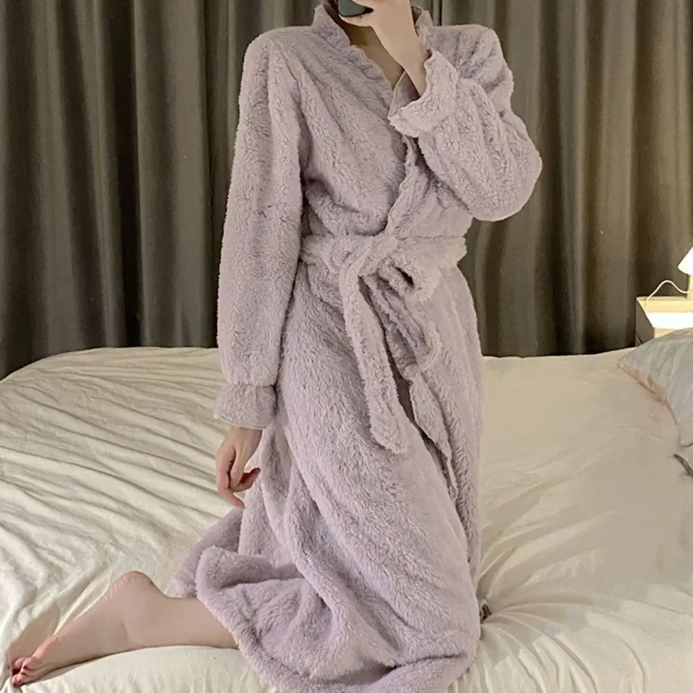 Loose Long Sleeves Coral Fleece Sleepwear Thicken Warm Ruffle Winter Flannel Night-robe Lace-up Home Wear Plush Nightgown Girl