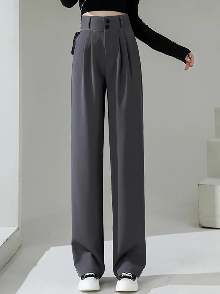 Stylish and Simple Women's High Waist Wide Leg Coffee Trousers with Double Buttons for A Casual Suit Fashion Simple Autumn
